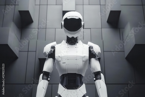 sleek white humanoid robot with unique geometric design standing amid uniform gray cubic forms, dramatic lighting highlighting its distinctiveness