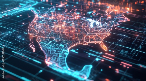 Futuristic Digital Map of the United States Network Connections and Data Flow Visualization