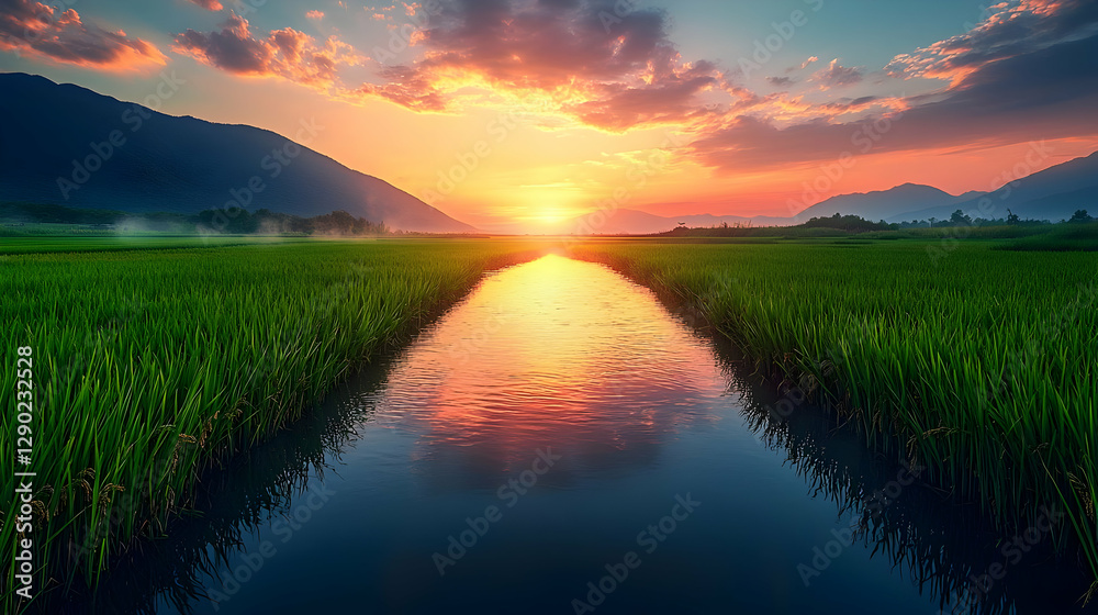 Sunset Rice Paddy Landscape Illustration Sunset Rice Paddy Landscape Illustration