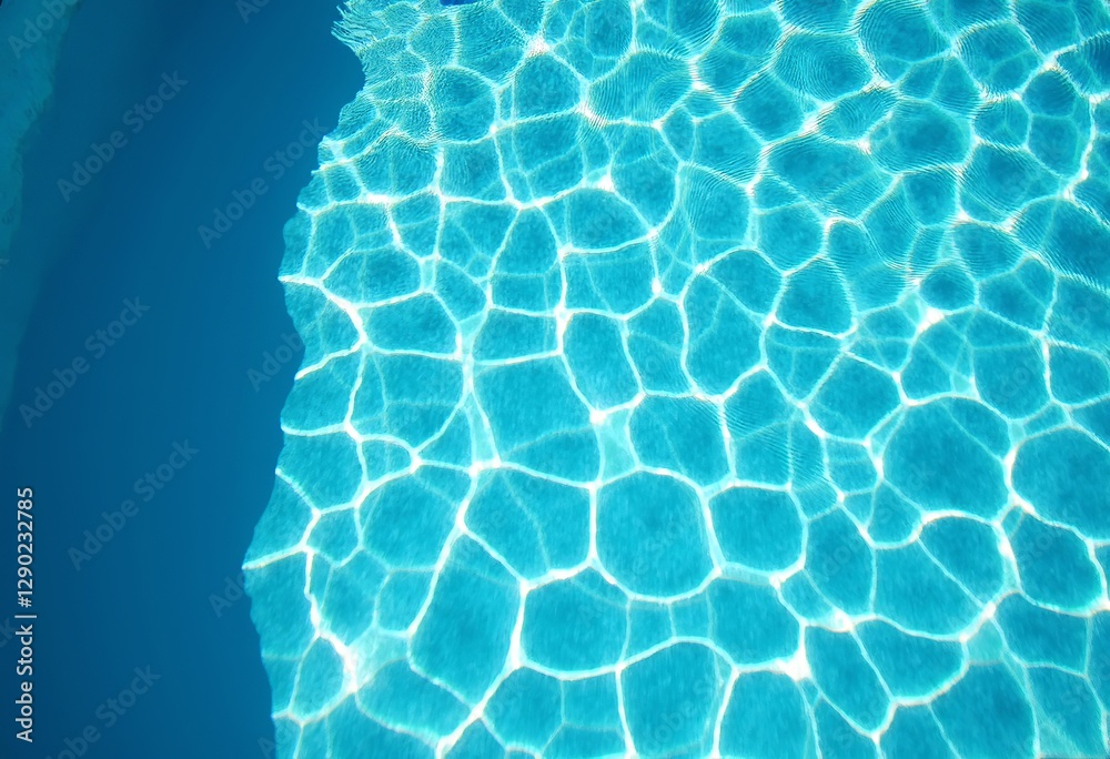 Obraz premium Summer Serenity: Top-Down View of a Blue-Toned Swimming Pool with Clear, Rippling Water Sparkling Under Sunlight, Evoking a Vibrant and Lush Landscape on a Bright Day.