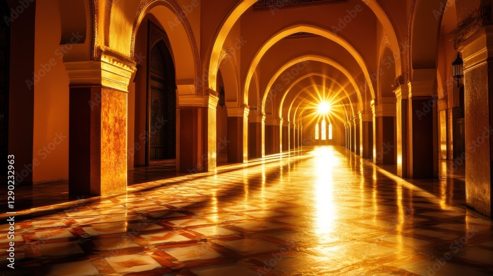 Majestic Golden Light in an Arched Corridor of an Ancient Sanctuary Majestic Golden Light in an Arched Corridor of an Ancient Sanctuary