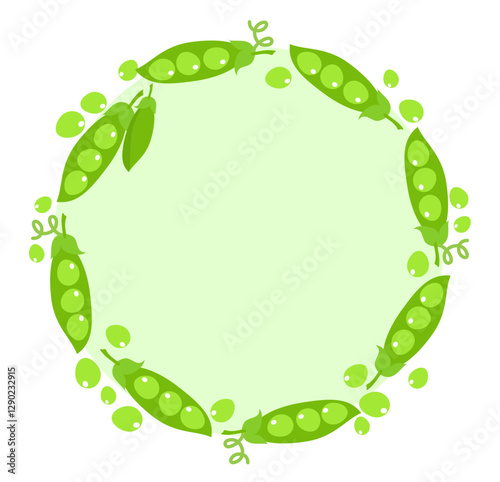 A round frame of green peas, a wreath of fresh organic vegetables, a border
of healthy food, natural plant design, decorative minimalistic template. 
Vector illustration from a cartoon
