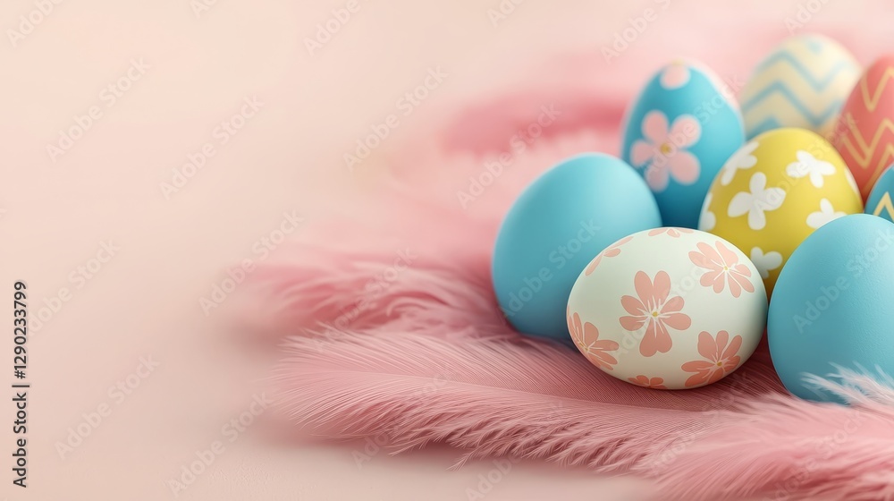 A collection of colorful Easter eggs resting on a soft pink surface, showcasing vibrant patterns and a festive atmosphere. A collection of colorful Easter eggs resting on a soft pink surface, showcasing vibrant patterns and a festive atmosphere.