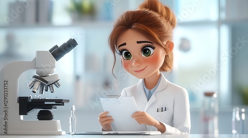 Scientific research in laboratory cartoon character bright environment