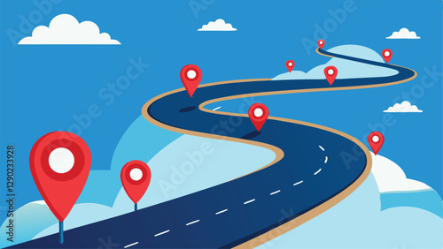Winding Road with Location Markers in Blue Landscape