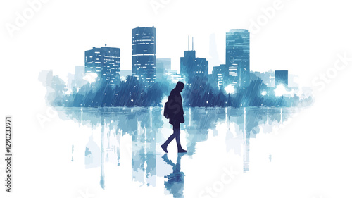 The image is a digital illustration depicting a solitary figure walking in a cityscape. The figure is rendered as a dark silhouette, wearing a hooded jacket, and walking towards the viewer.