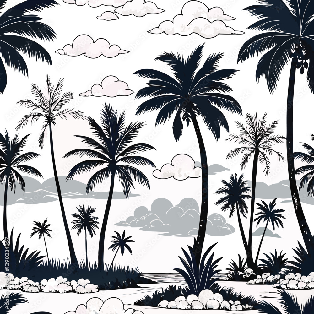 Fototapeta premium palm tree silhouette tropical-pattern-with-freehand-drawn