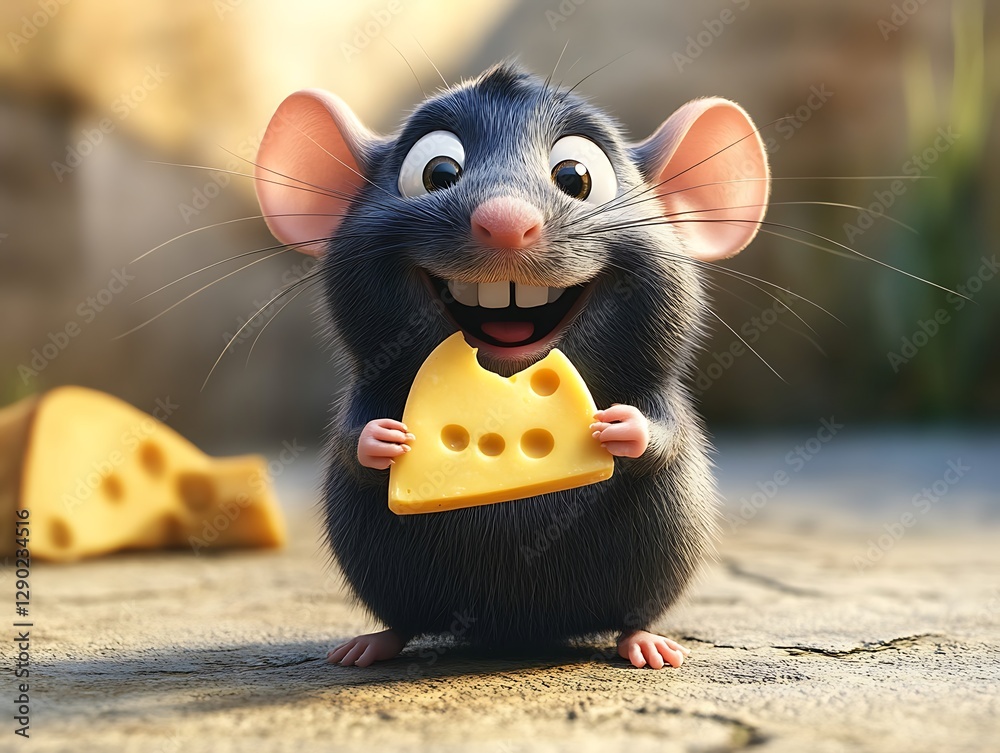 Joyful mouse eating cheese in a cozy kitchen setting playful scene