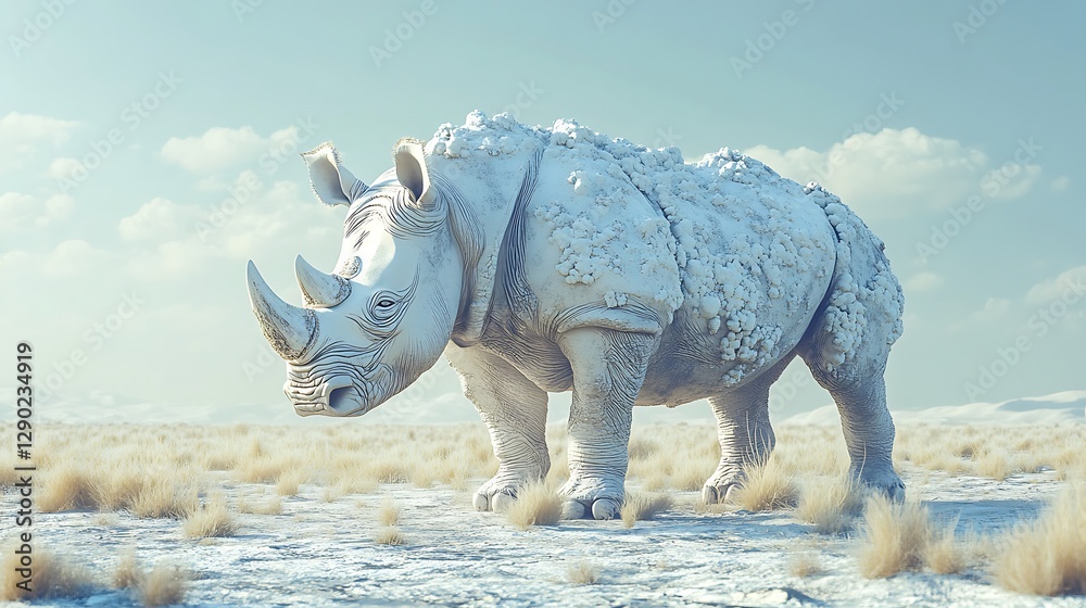 Fototapeta premium Serene desert oasis with majestic rhinoceros sculpture - digital art