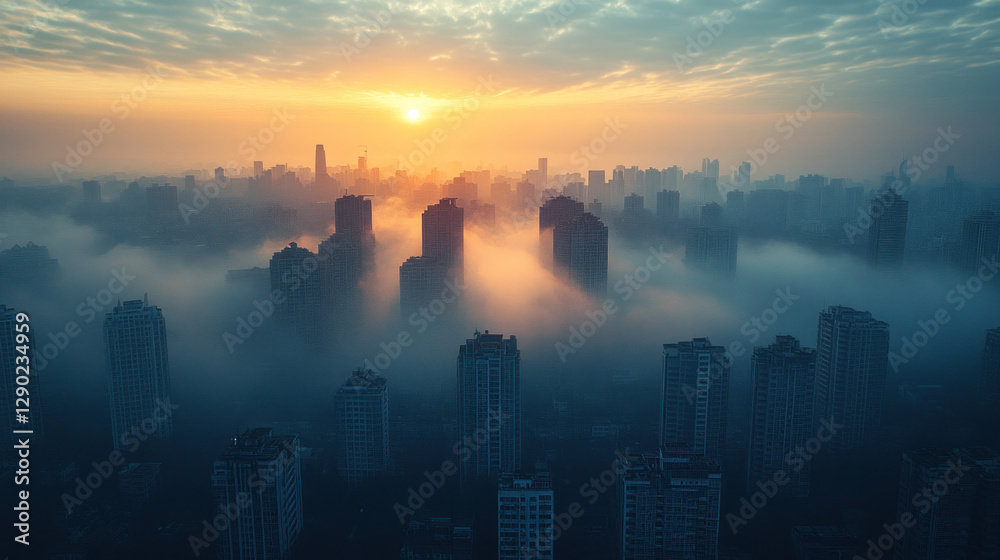 Fototapeta premium City skyline covered in thick industrial smog, reducing visibility and sunlight penetration