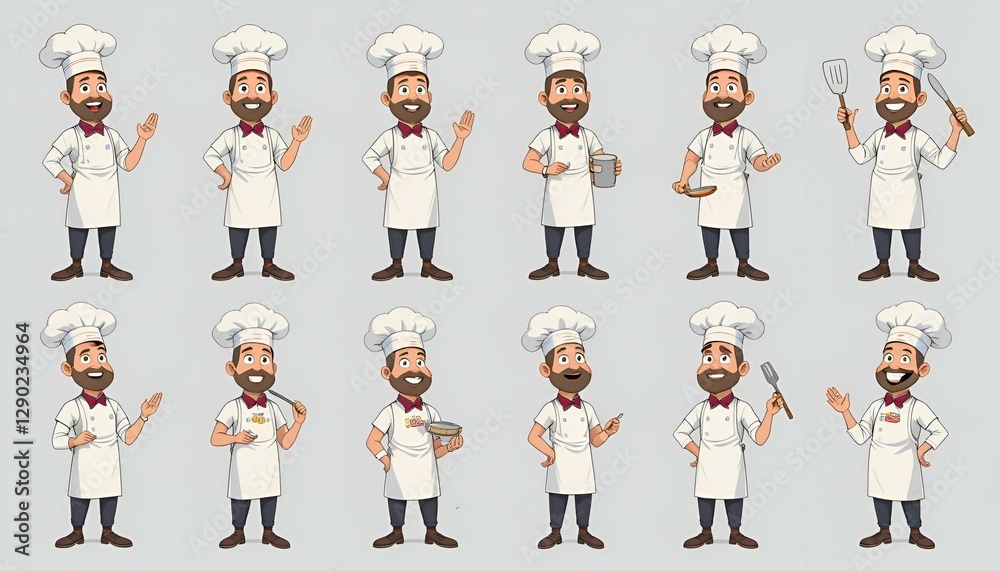 Cartoon character chef. Set with different postures, attitudes and poses, doing different activities in isolated vector illustrations. Cartoon character chef. Set with different postures, attitudes and poses, doing different activities in isolated vector illustrations.