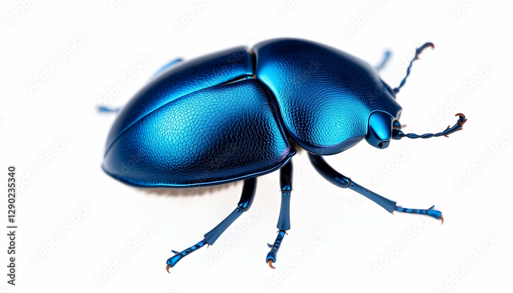 Fototapeta premium Metallic Blue Beetle Walking on White Background Macro Insect Photography