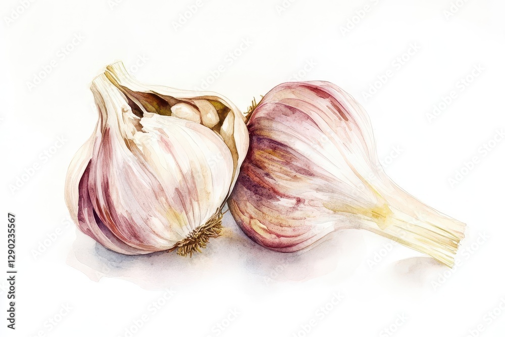 Obraz premium soft watercolor garlic bulb, muted earthy tones, delicate brushstrokes, clean white canvas, natural light, and a simple, organic elegance.
