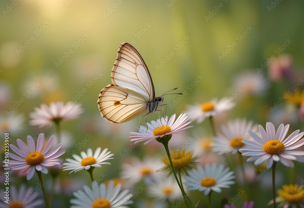 A gentle breeze lifts a butterfly with translucent wings, carrying it above a field of vibrant daisies A gentle breeze lifts a butterfly with translucent wings, carrying it above a field of vibrant daisies