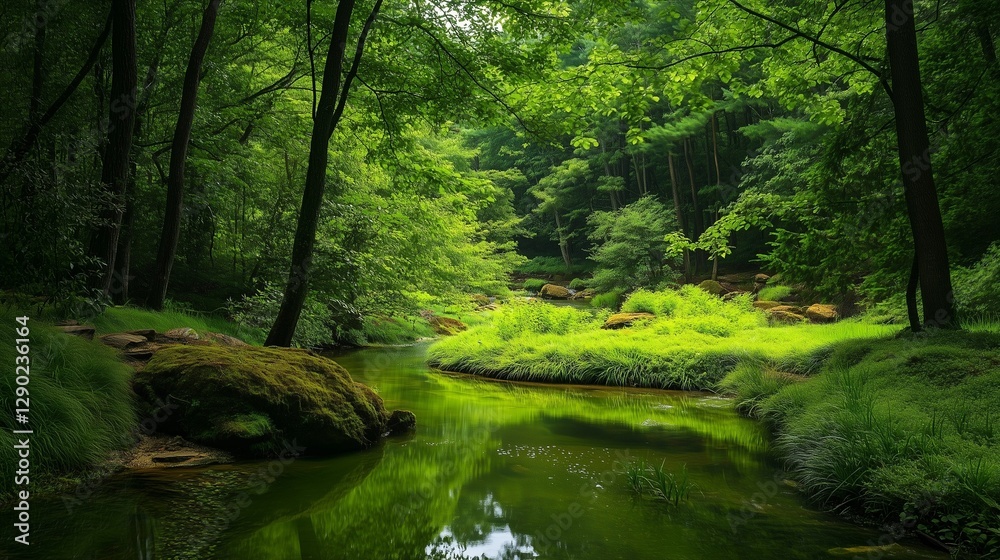 Obraz premium A green forest scene shows lush vegetation around a calm stream