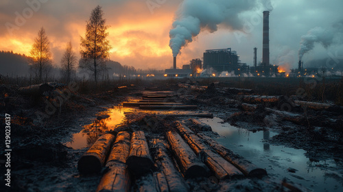 Dead trees near a polluted industrial site, showing the impact of air pollution on nature photo