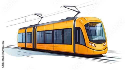 Cartoon tram illustration with rounded windows, playful design, white background