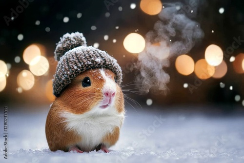 Social ad campaign - animal care. Problem of struggling animals. Sad cute adult animal guinea pig in winter warm clothes, winter breath from nose and mouth in icy wind. Wild nature education. photo