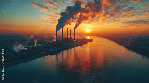 Factory releasing thick black smoke, polluting the sky with heavy industrial emissions