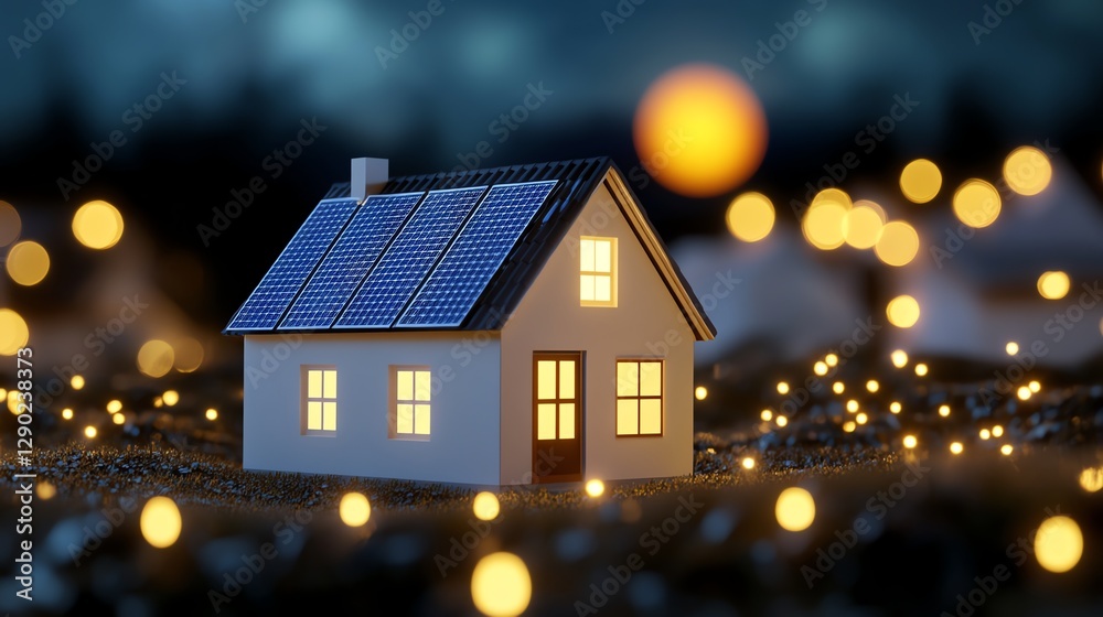 custom made wallpaper toronto digitalA charming house model with solar panels, glowing sun, and soft colors. Emphasizes sustainable living, modern technology, and cozy, inviting home vibes