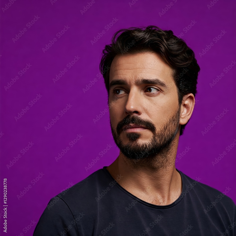 Portrait of a man looking away shot against a purple backdrop Portrait of a man looking away shot against a purple backdrop