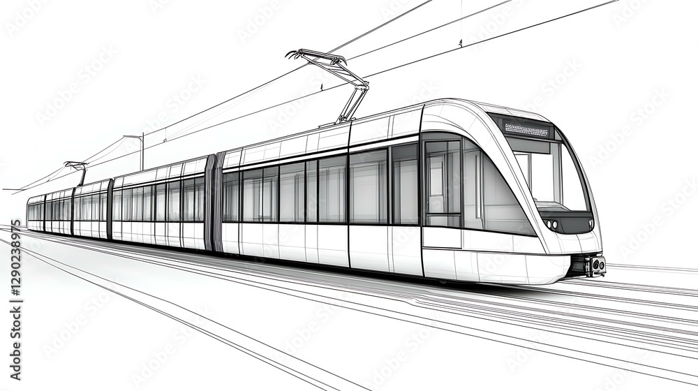 Naklejka premium Outline of a light rail train, black lines on white background