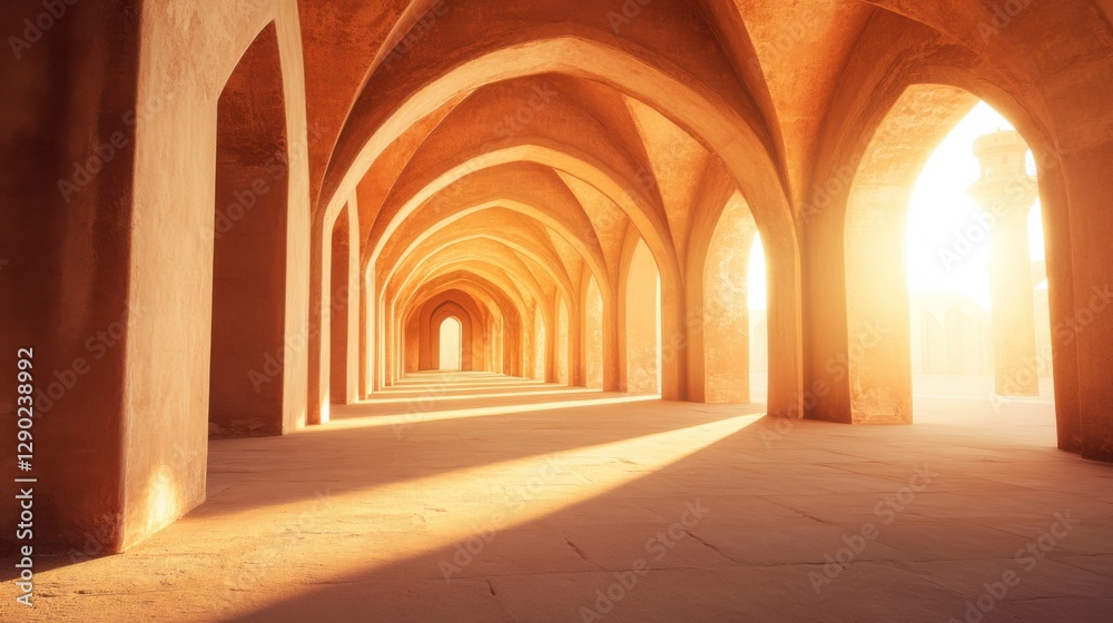 Fototapeta premium Serene Passageway with Arches Illuminated by Soft Light
