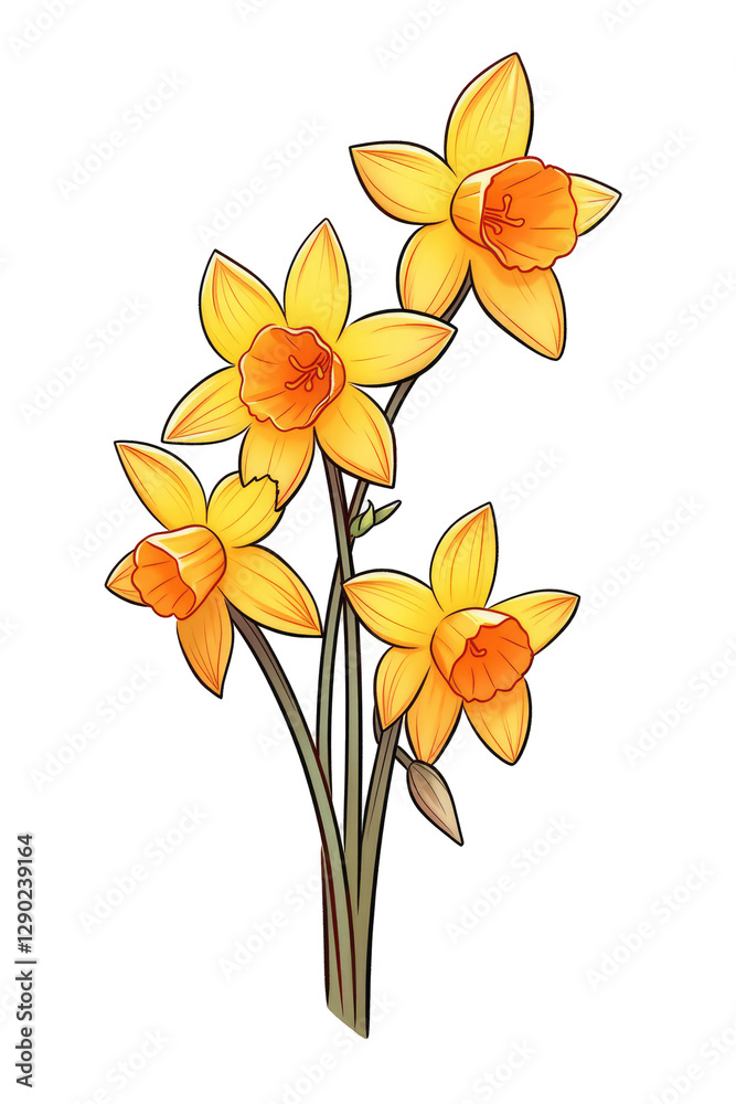 Fototapeta premium Bright and Cheerful Daffodil Flowers with Orange Centers in a Beautiful Outline Illustration