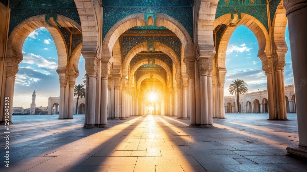 Fototapeta premium Stunning Sunset Light Through Arches in Majestic Architectural Space