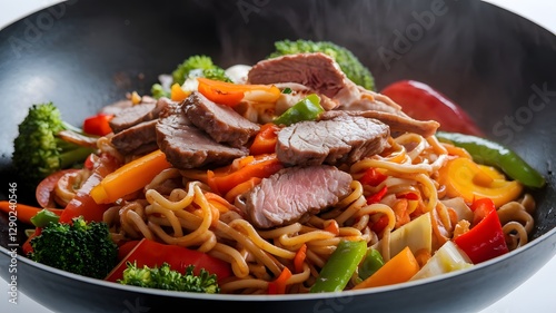 An solitary white background with realistic food photos and a wok of stir-fried beef and vegetable noodles.