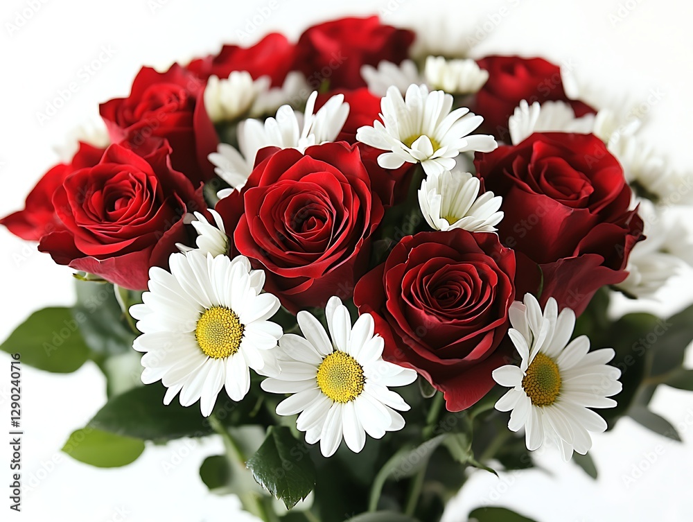 Fototapeta premium Red roses and daisies bouquet on white background