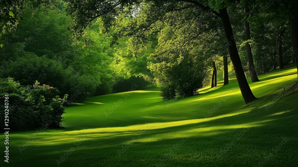 Obraz premium Sunlight streams across a lush green lawn bordered by trees