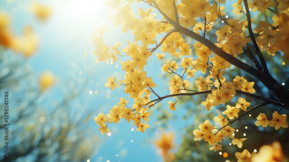 A tree with vibrant yellow flowers against a clear blue sky, showcasing nature's beauty in 8K detail. Perfect for nature photography and botanical artwork A tree with vibrant yellow flowers against a clear blue sky, showcasing nature's beauty in 8K detail. Perfect for nature photography and botanical artwork