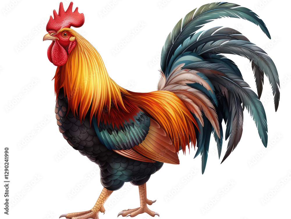 Fototapeta premium Colorful Rooster with Vibrant Feathers Strutting Proudly in Agricultural Setting