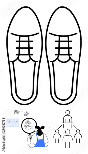 Shoes highlighting steps, computer with credit card and coins showing online payment, individual analyzing dollar coin symbolizing finance, hierarchical diagram indicating team structure. Ideal