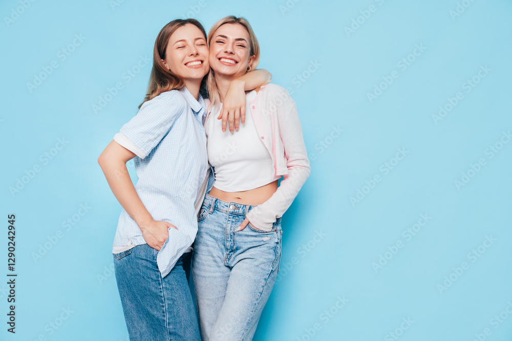 Two young beautiful smiling brunette and blond hipster female in trendy summer clothes. Lovely women posing on blue background in studio. Positive models having fun. Cheerful and happy. isolated Two young beautiful smiling brunette and blond hipster female in trendy summer clothes. Lovely women posing on blue background in studio. Positive models having fun. Cheerful and happy. isolated