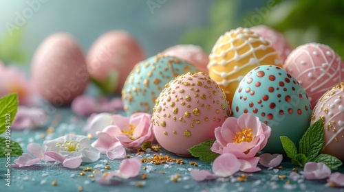 Easter concept: egg shaped chocolate, spring fresh petals and green leaves elements. 4K. Perfect for creative advertising, package design and holiday decoration. photo