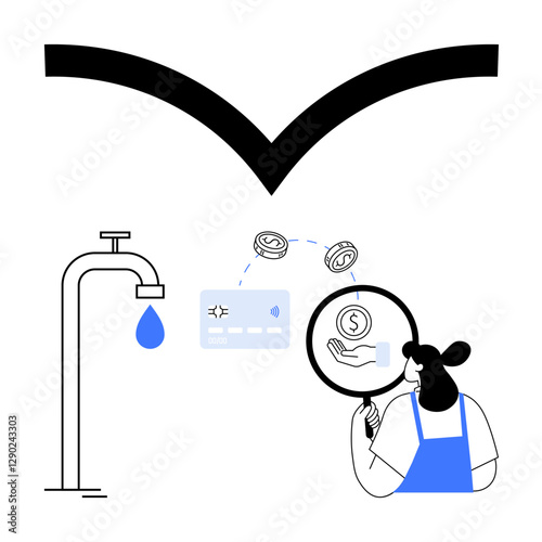 Woman holding magnifying glass over hand with dollar sign, analyzing financial flow from faucet to credit card. Ideal for finance management, budgeting, investment, savings, cash flow, efficiency