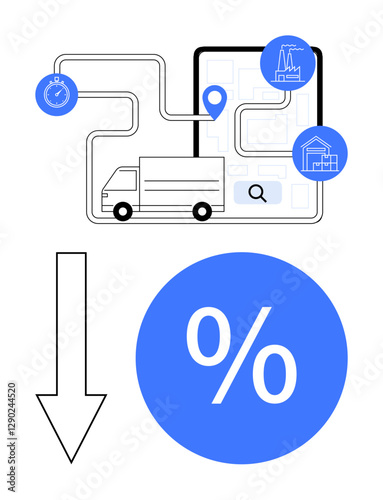 Delivery truck on a navigational route with icons for time, location, and logistics. Downward arrow and percentage symbol indicating cost reduction. Ideal for shipping, transport, planning