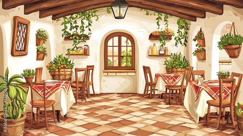 Fototapeta premium Mediterranean Restaurant Patio Illustration.