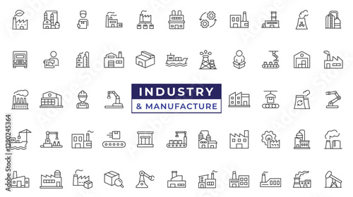Industry and manufacture icons. Related Factory, Manufacturing, Industry simple line icon set vector illustration.
