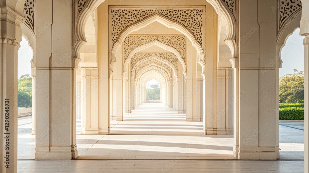 Fototapeta premium Elegant Architecture with Arched Doorways and Warm Sunlight