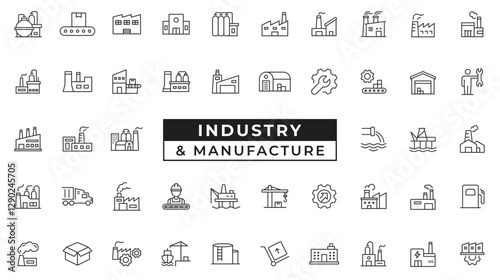 Factory and industrial icons. Related Factory, Manufacturing, Industry simple line icon set vector illustration.