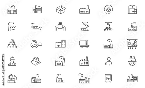 Factory and industrial icons. Related Factory, Manufacturing, Industry simple line icon set vector illustration.
