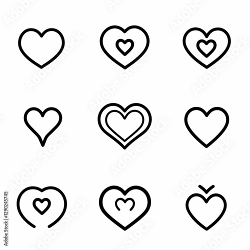 Heart Icons Set - Minimalist Black Outline Love Symbols