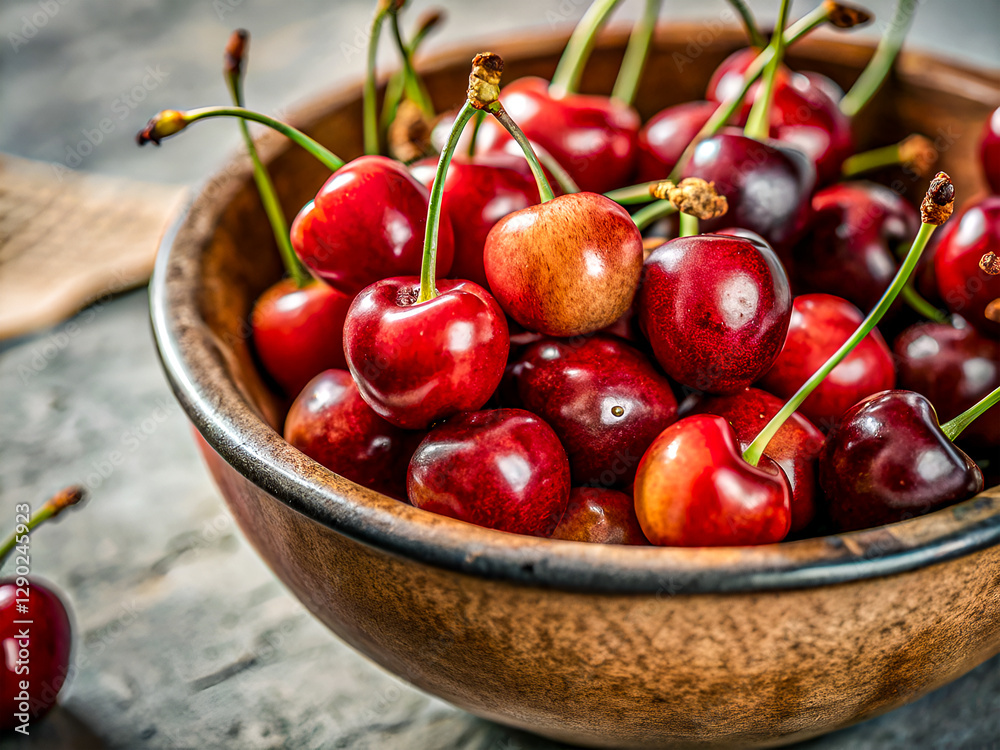 Delicious Macro Photography of Fresh, Juicy Cherries in a Bowl. Tasty food background Delicious Macro Photography of Fresh, Juicy Cherries in a Bowl. Tasty food background