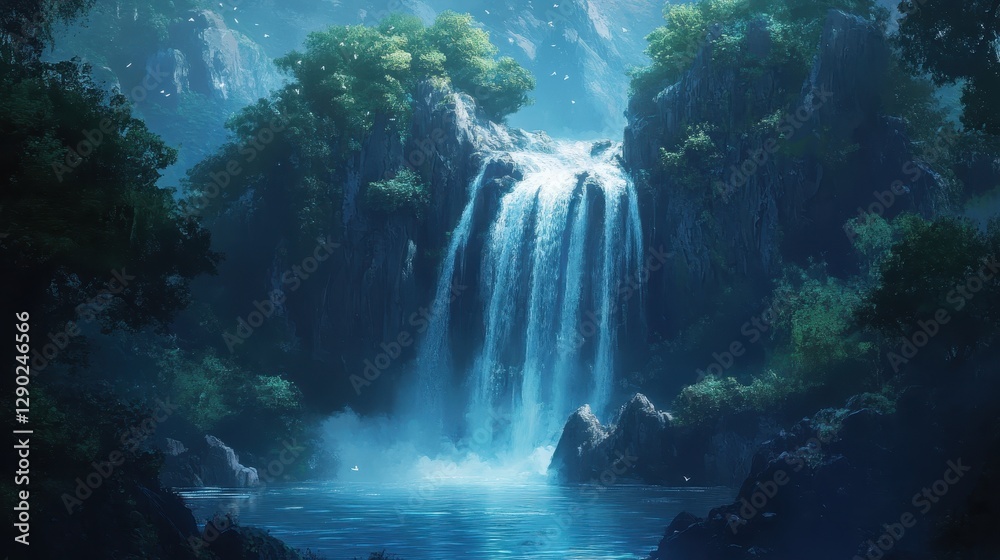 Obraz premium Serene waterfall cascading down lush, mystical cliffs. Ideal for fantasy, nature, or tranquility themes.