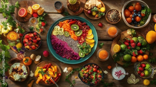 Colorful assortment of fresh fruits, vegetables, and plant-based dishes arranged on a rustic wooden table, showcasing healthy eating and organic food choices.