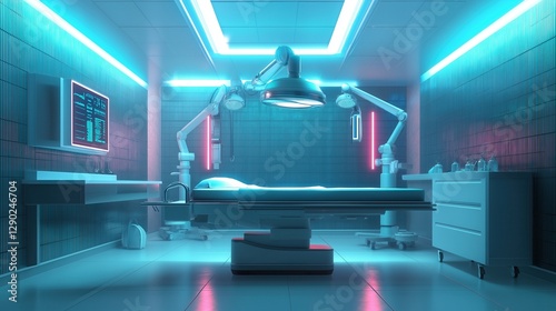 The modern, futuristic operating room with advanced robotic surgical equipment, neon lighting, and a high-tech monitoring system represents the future of medical technology.