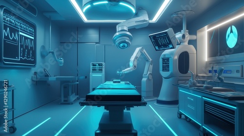High-tech operating room equipped with AI-powered robotic arms, digital monitors, and futuristic medical equipment represents the future of surgical innovation and healthcare technology.